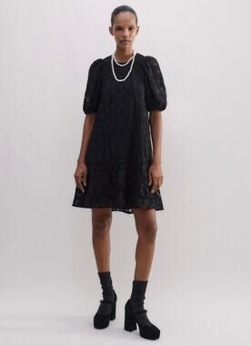 ME+EM Black Lined Lace Mini Dress Puff Sleeve Size 2 Chic Preppy Feminine
